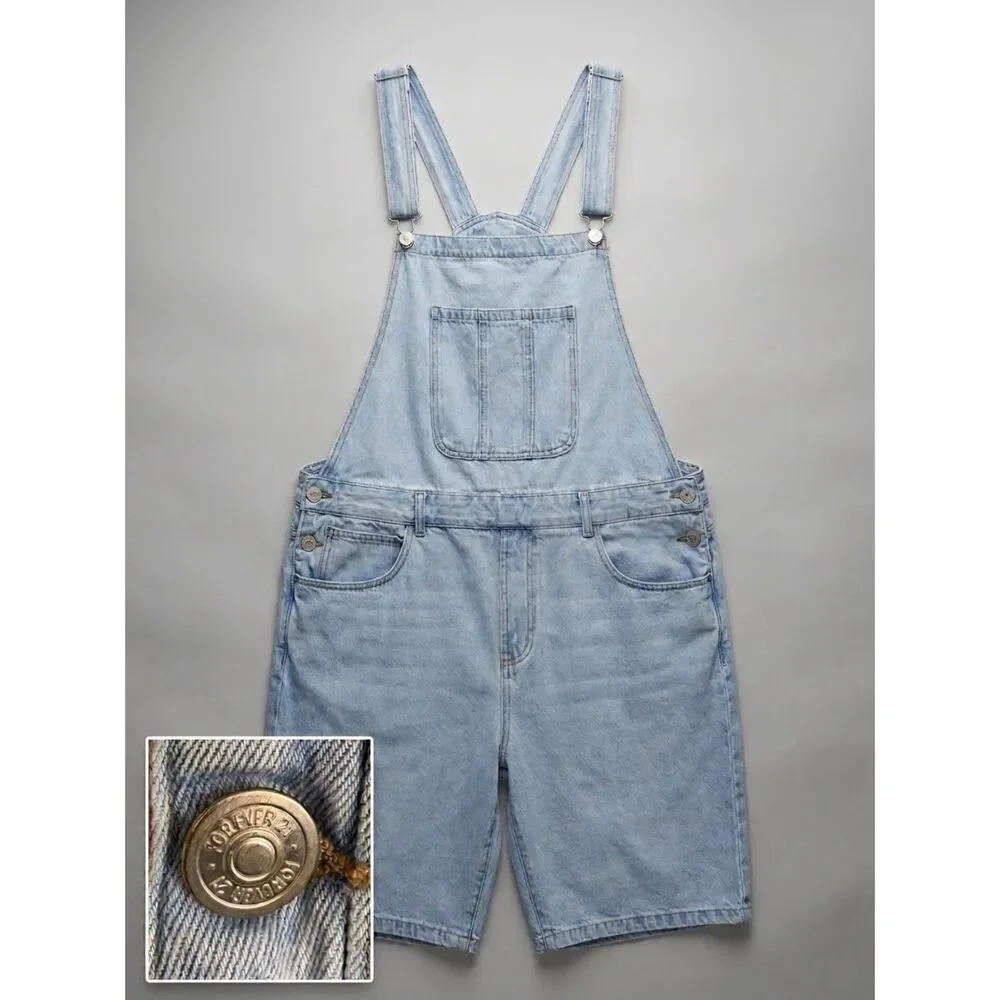 Forever 21 Light Wash Denim Shortalls Overalls Men XL 100% Cotton 90s Y2K Skater